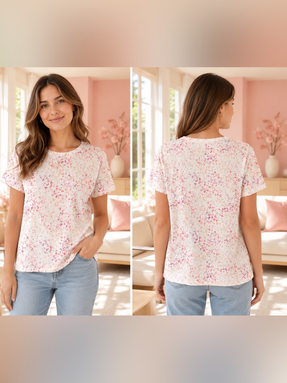 croft & barrow Pink Speckle Short Sleeve Tee - White Base 3X GUC